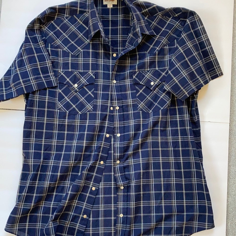 Ely Cattleman Shirt Short Sleeve Lightweight Blue Plaid Pearl Snap Button Up